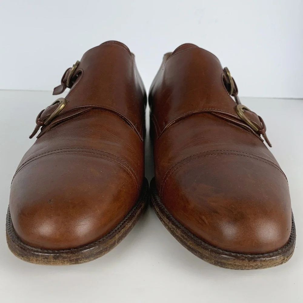 SALVATORE FERRAGAMO Leather Double Monk Strap Cap Toe Shoes 12 D Brown Italy